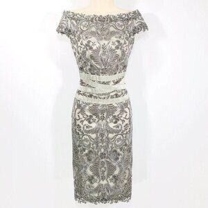 Tadashi Shoji Dress Sz 12 Off Shoulder Silver Cord Embroidery Ribbon Waistband